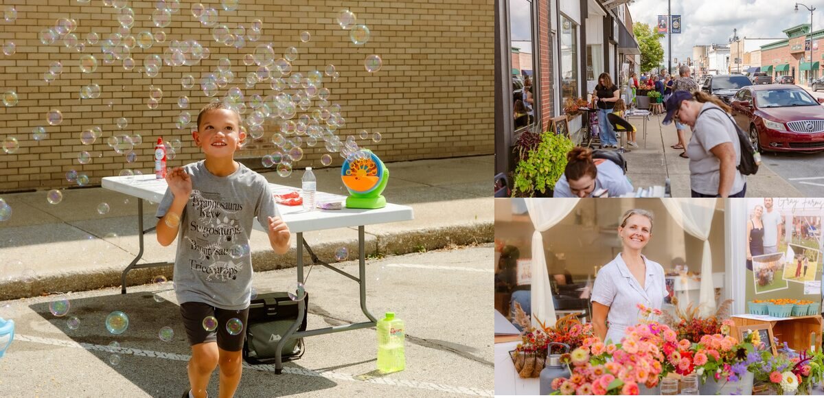 Three photos from Hubbard Trail Days 2026: a child chasing bubbles in the Kids Zone, shoppers along Walnut Street, and a sidewalk flower stand.